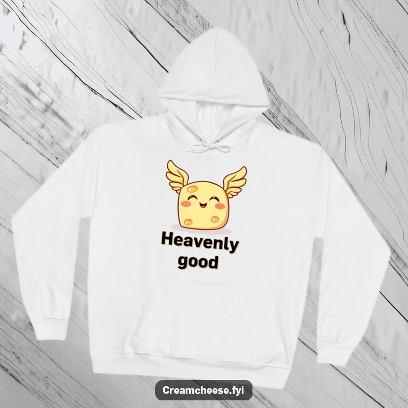 Funny cheese hoodie, depicting a grinning cheese character with small wings happily airborne and ready for anything.