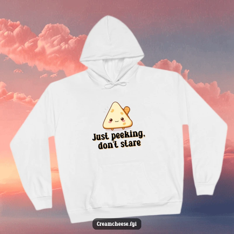 Funny shy cream cheese triangle hoodie peeking from behind a breadstick, a comfortable and humorous item.