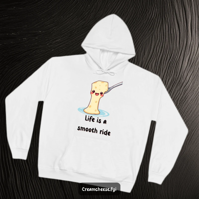 Funny Hoodie: Cream cheese glides down a spoon waterslide, a humorous and cozy apparel item.