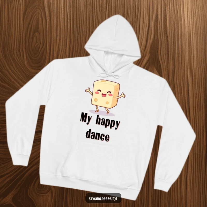 Funny happy cream cheese block with legs doing a joyful dance on a cozy hoodie, perfect for food lovers.