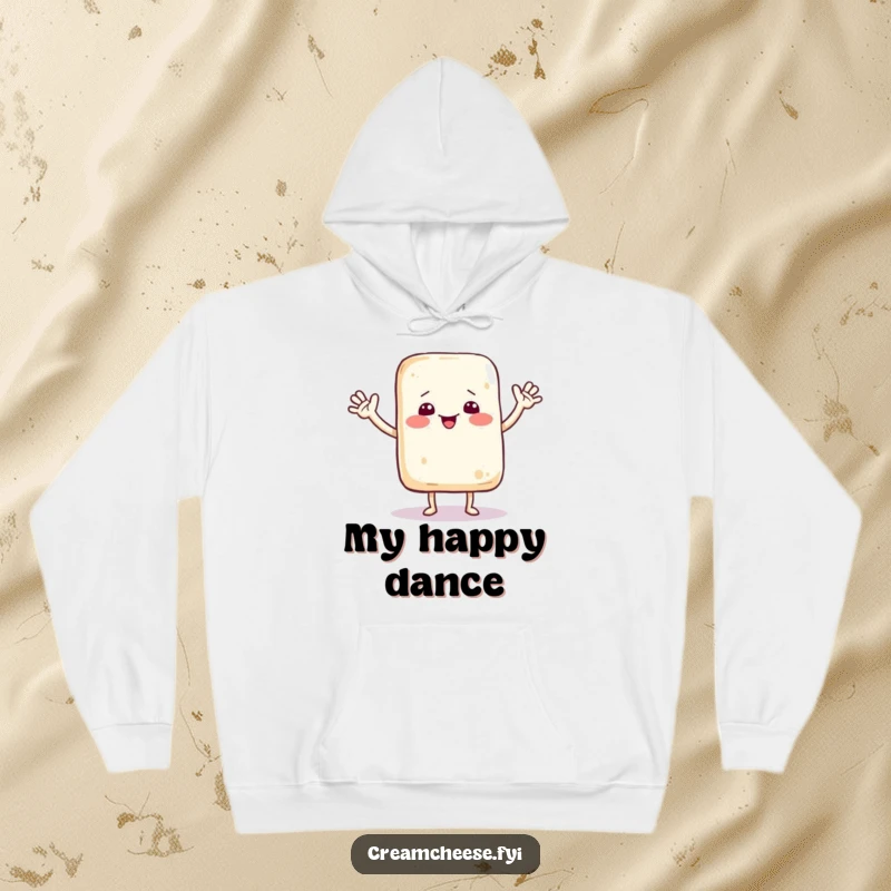 Funny hoodie with a smiling cream cheese bag character energetically dancing and waving, a delightful piece of cartoon art.