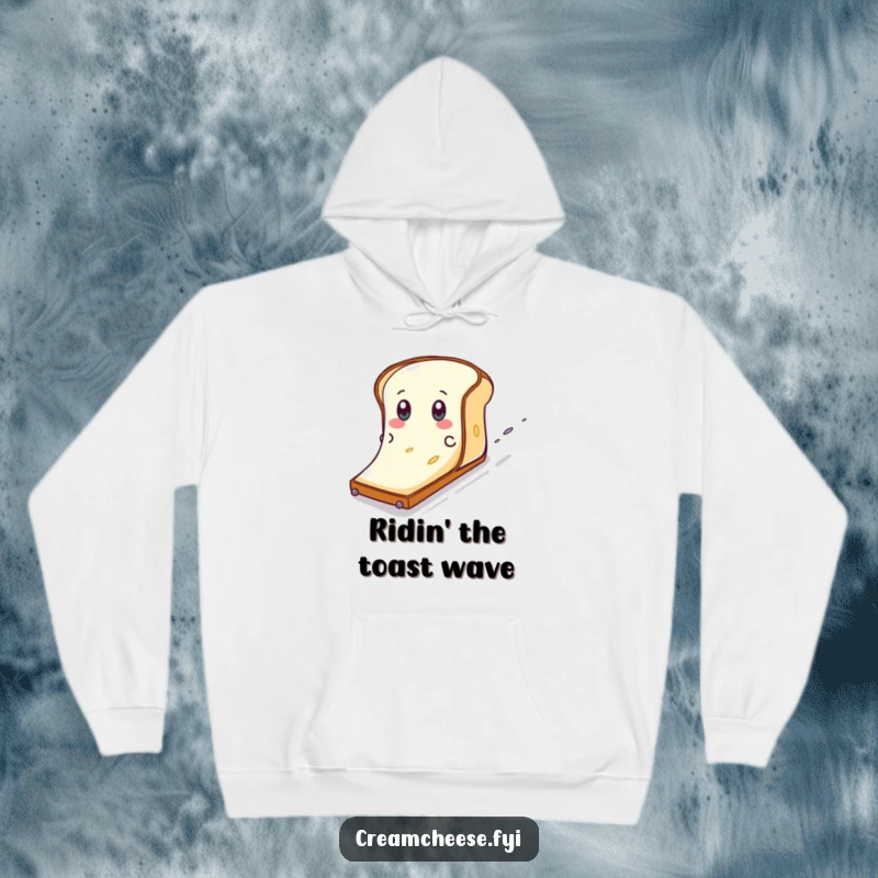 Funny Cream Cheese Toast Hoodie: A cream cheese character eagerly slides down a toast slope, a comical and cozy scene.