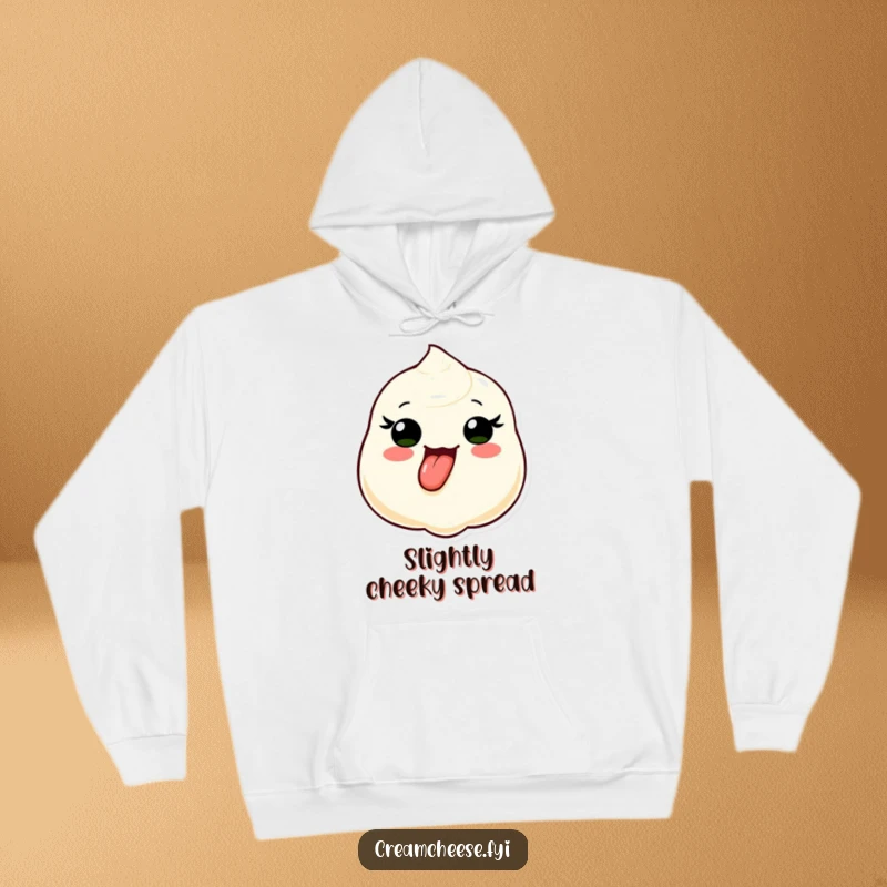 Funny hoodie with a delightful cream cheese dollop sticking its tongue out, embodying playful energy and cozy contentment for casual wear.