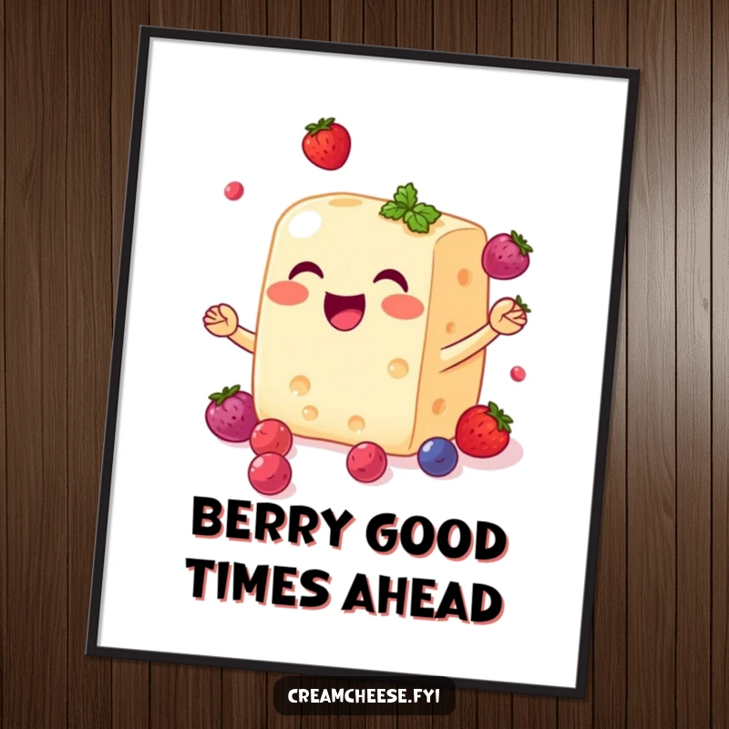 Funny Free Printable Wall Art: Smiling cream cheese block skillfully juggles berries, creating a charming and humorous decorative piece.