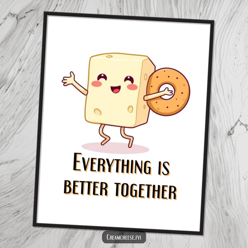 Funny Free Printable Wall Art: A smiling cream cheese block with little legs joyfully dances with a friendly bagel.