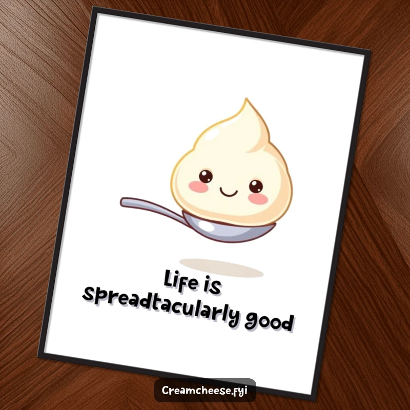 Funny Free Printable Wall Art of a beaming cream cheese dollop balancing on a tiny spoon, radiating joy.
