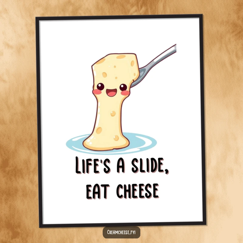 Funny Free Printable Wall Art: A gleeful cream cheese block slides down a spoon, creating a humorous and appetizing piece.