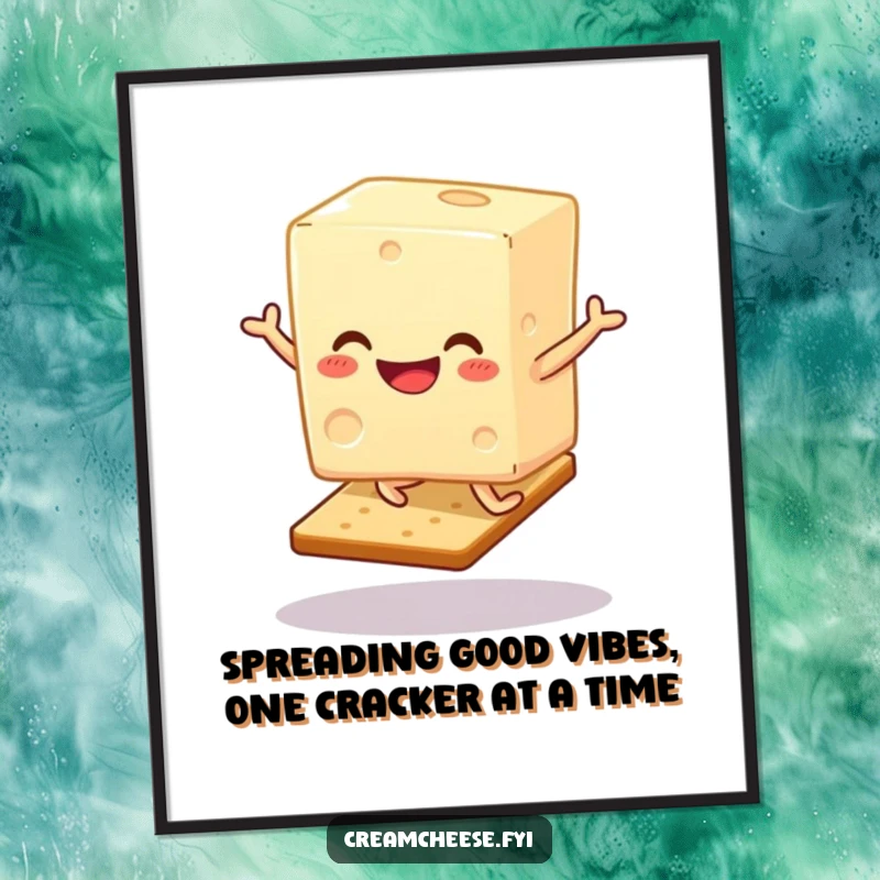 Funny Free Printable Wall Art: A smiling cream cheese block doing a joyful hop on a cracker, perfect for kitchen humor.