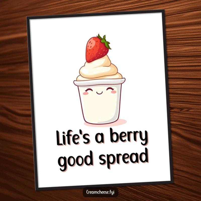 Funny Free Printable Wall Art: A giggling cream cheese tub balances a strawberry on its lid, creating a humorous and charming piece.