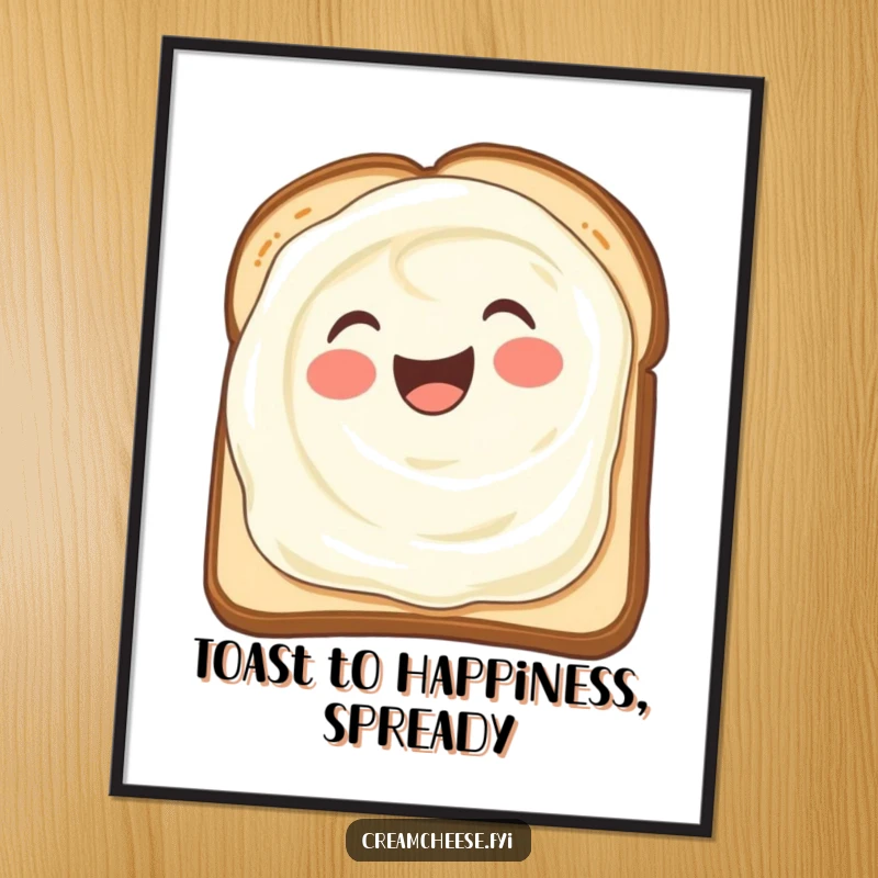 Funny Free Printable Wall Art of a delighted cream cheese smear spreading itself joyfully across a piece of toast.