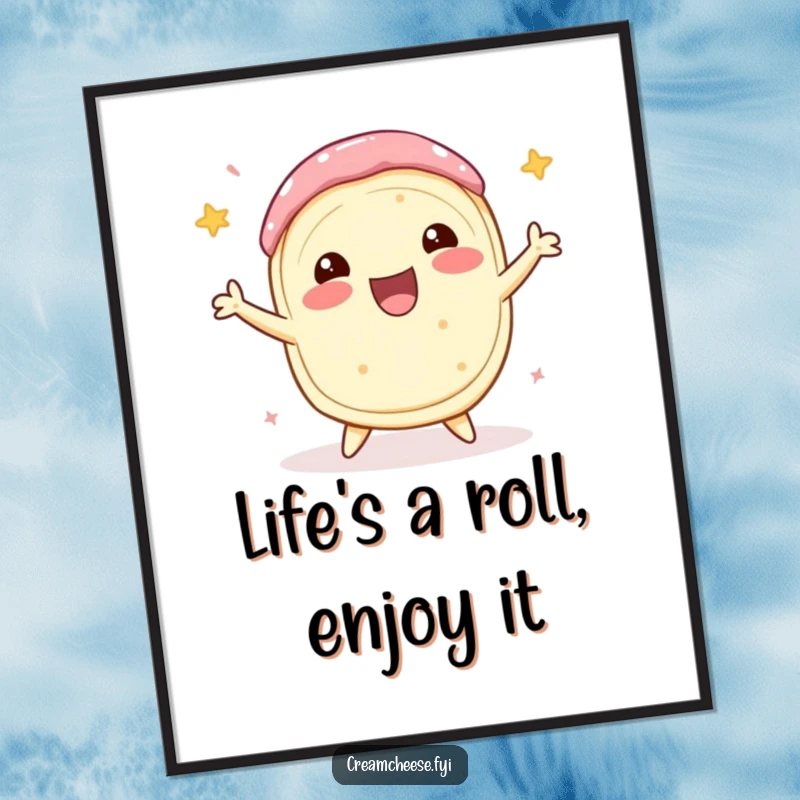 Funny Free Printable Wall Art: A delighted cream cheese roll is captured in a vibrant celebratory spin, perfect for kitchens.