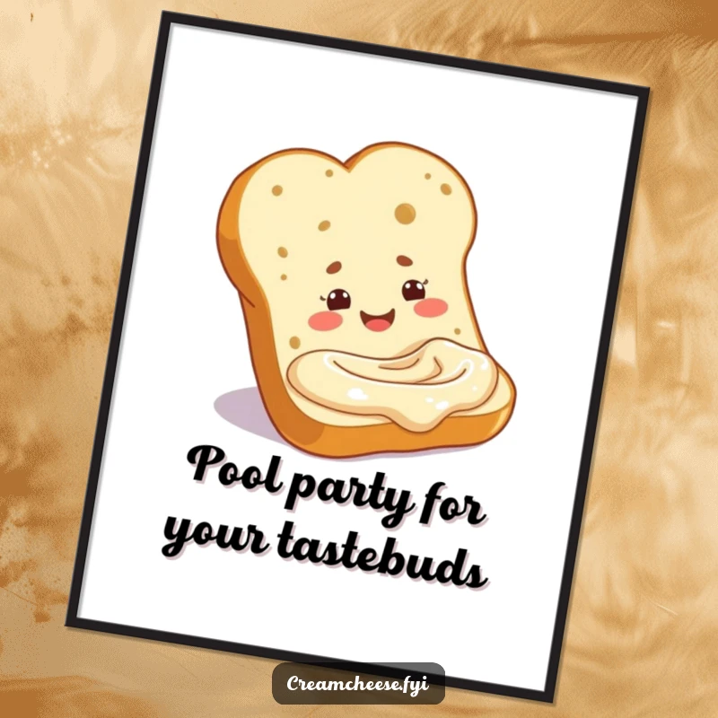 Funny Free Printable Wall Art featuring a baguette slice contentedly dipping into a luxurious cream cheese pool, a scene of pure comfort.