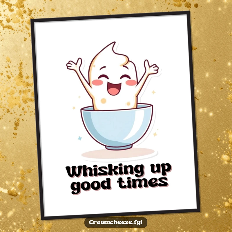 Funny Free Printable Wall Art: Delighted cream cheese character leaping enthusiastically into a mixing bowl.