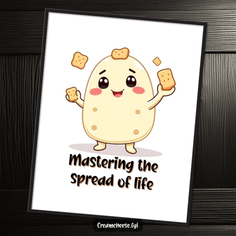 Funny Free Printable Wall Art: Goofy cream cheese character with a wide grin, juggling multiple small crackers.