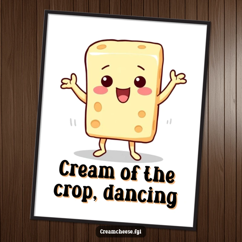 Funny free printable wall art of a cream cheese block character busting out some hilarious and energetic dance moves.