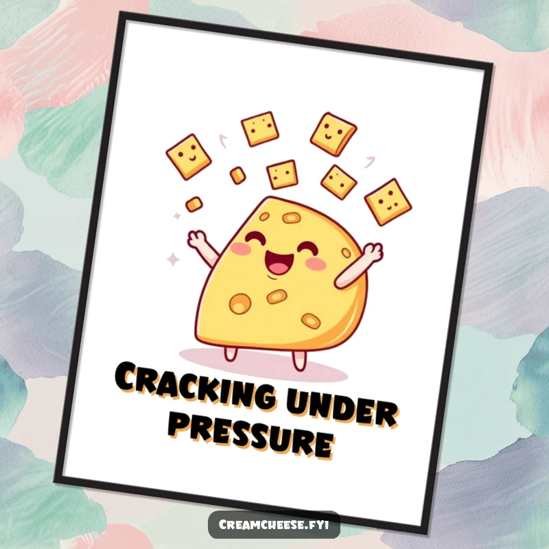 Funny Free Printable Wall Art depicting a joyful cheese wedge masterfully juggling miniature crackers.