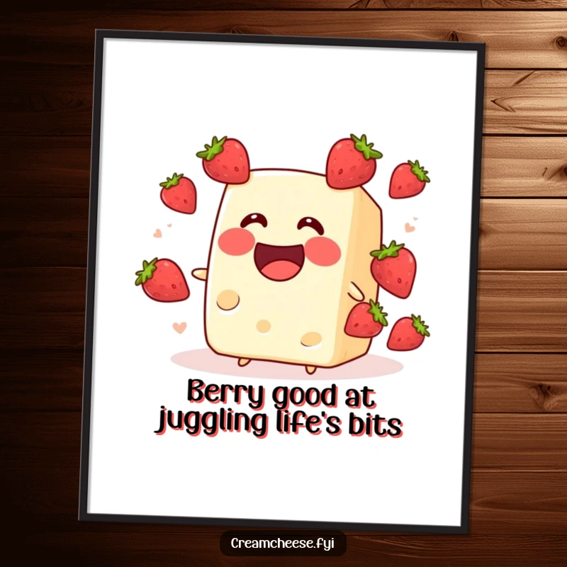 Funny Free Printable Wall Art depicting an excited cream cheese block gleefully juggling tiny strawberries, a celebration of edible chaos.