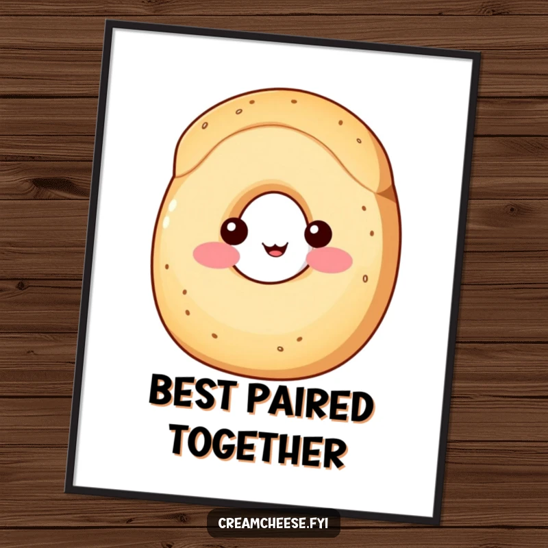 Funny Free Printable Wall Art: A shy wedge of cream cheese with rosy cheeks peeks playfully from behind a happy bagel.