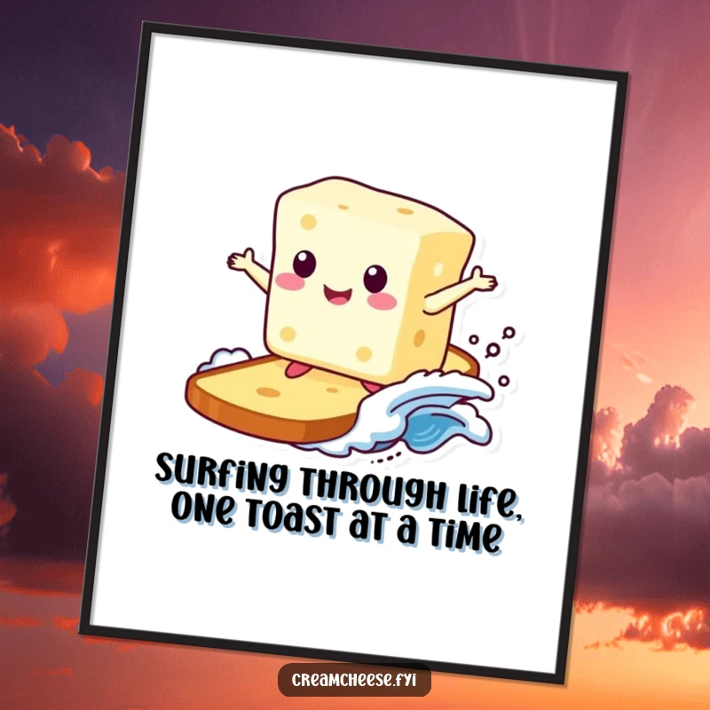 Funny Free Printable Wall Art: A smiling cream cheese block joyfully surfs a toast wave, perfect for quirky, downloadable home decor.