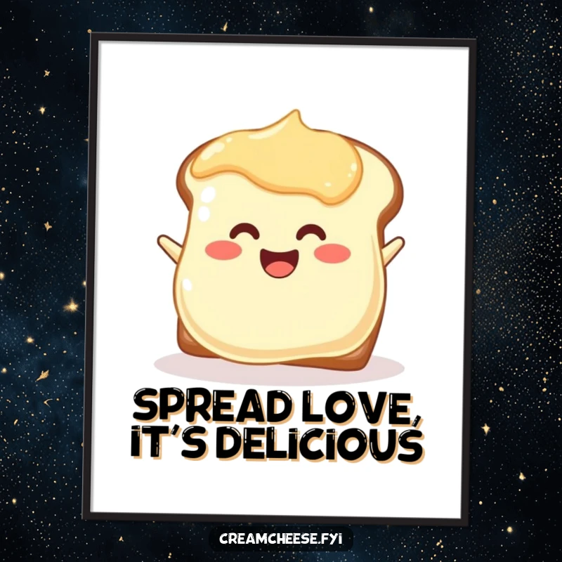 Funny free printable wall art depicting a cheerful cream cheese blob spreading itself with glee onto a piece of toast, a delightful kitchen piece.