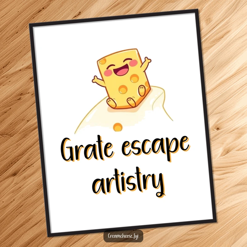 Funny Free Printable Wall Art dpicting a cheese block in mid-slide with a big laugh, a hilarious decor piece.