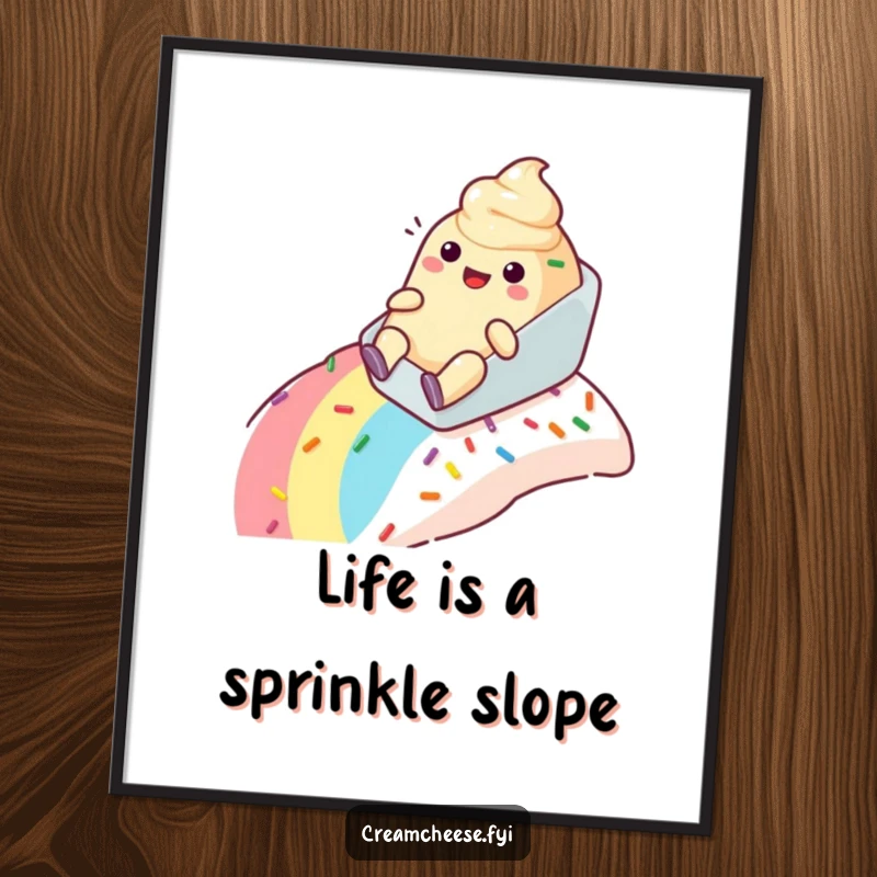 Funny Free Printable Wall Art: Cream cheese tub happily slides down a vibrant rainbow sprinkle slope, creating playful decor.