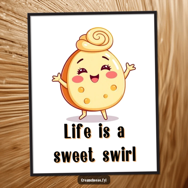 Funny Free Printable Wall Art: A happy cream cheese wheel doing a lively dance while wearing a cinnamon swirl hat.