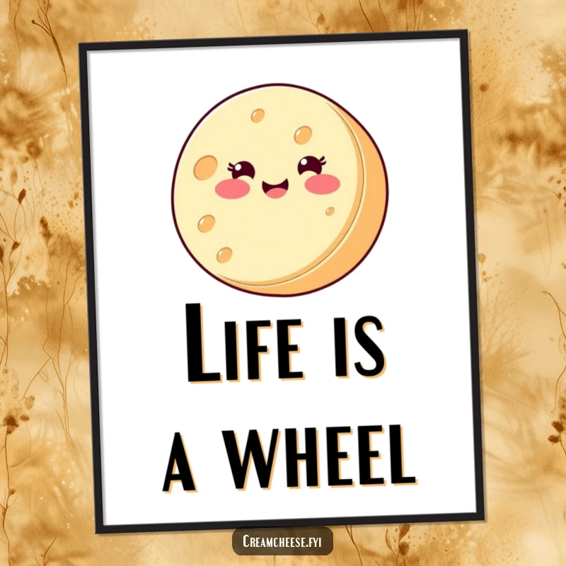 Funny Free Printable Wall Art: A round cream cheese wheel with a happy smiling face spins joyfully on its side.