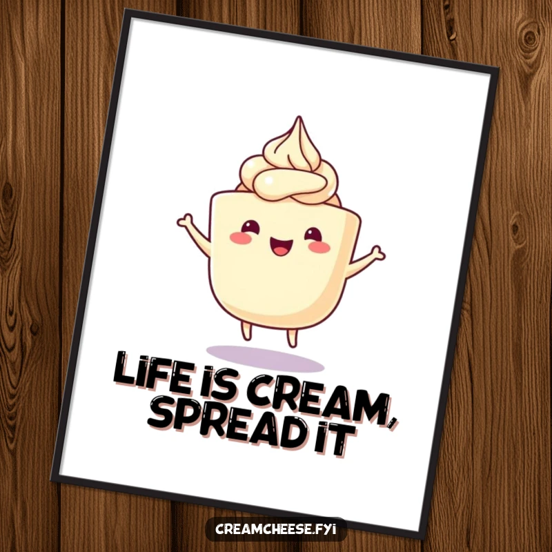 Funny Free Printable Wall Art: A happy cream cheese tub with frosting swirls doing a delightful wiggle dance in the kitchen.