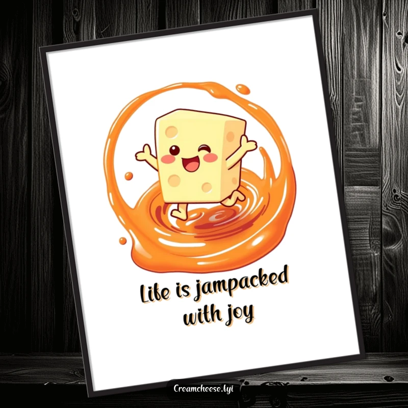 Funny Free Printable Wall Art: A happy cream cheese block character leaping joyfully through a vibrant swirl of jam.