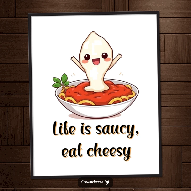 Funny free printable wall art of a happy cream cheese dollop leaping into a bowl of pasta sauce, bringing cheesy fun.