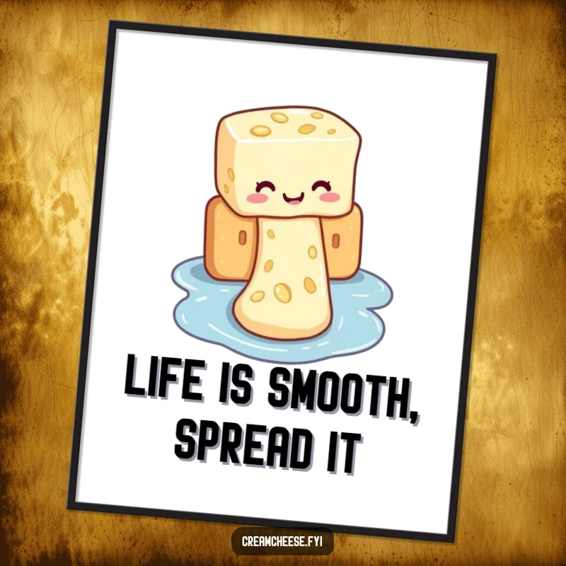 Funny Free Printable Wall Art: Cream cheese character gleefully sliding down a cracker like a waterslide.