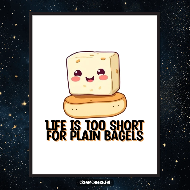 Funny Free Printable Wall Art featuring a smiling cream cheese cube balancing on a bagel, offering a slice of edible humor.