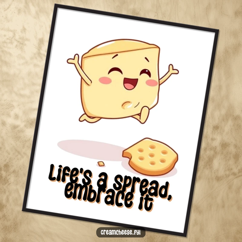 Funny Free Printable Wall Art: A wobbly cream cheese wedge gleefully leaping over a fallen cracker, full of silly energy.