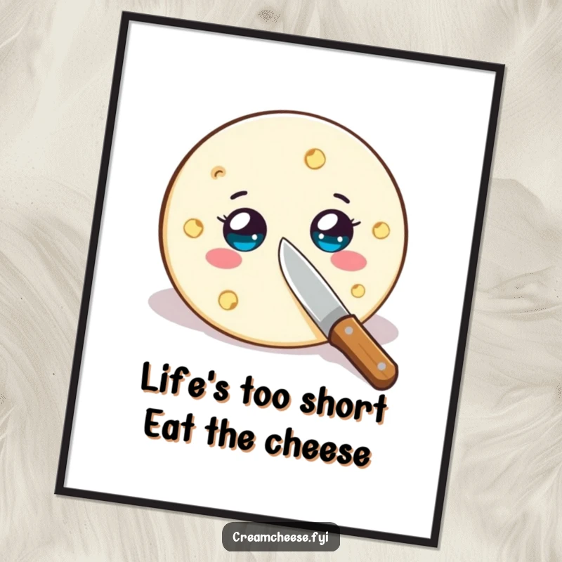 Funny free printable wall art illustration of a cream cheese wheel wide-eyed as a tiny knife approaches, a humorous kitchen decoration.