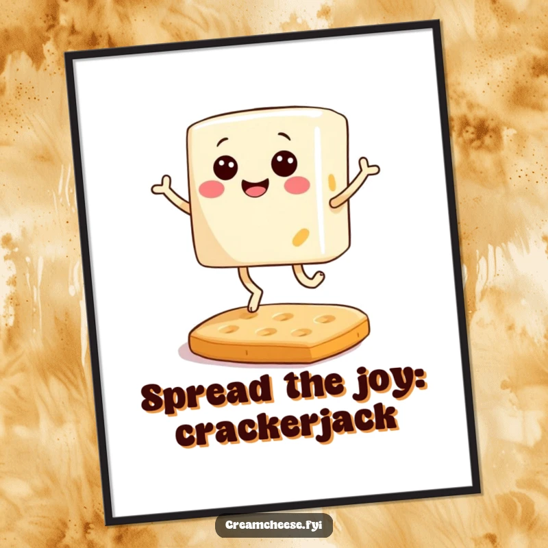 Funny Free Printable Cream Cheese Wall Art: A smiling cream cheese block with tiny legs joyfully bouncing, DIY decor.