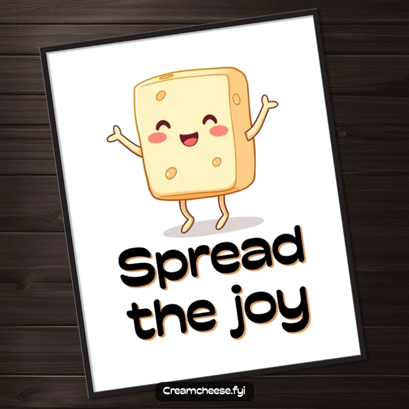 Funny Free Printable Wall Art: A cheerful block of cream cheese with tiny legs dances a joyous jig, spreading cheesy delight.