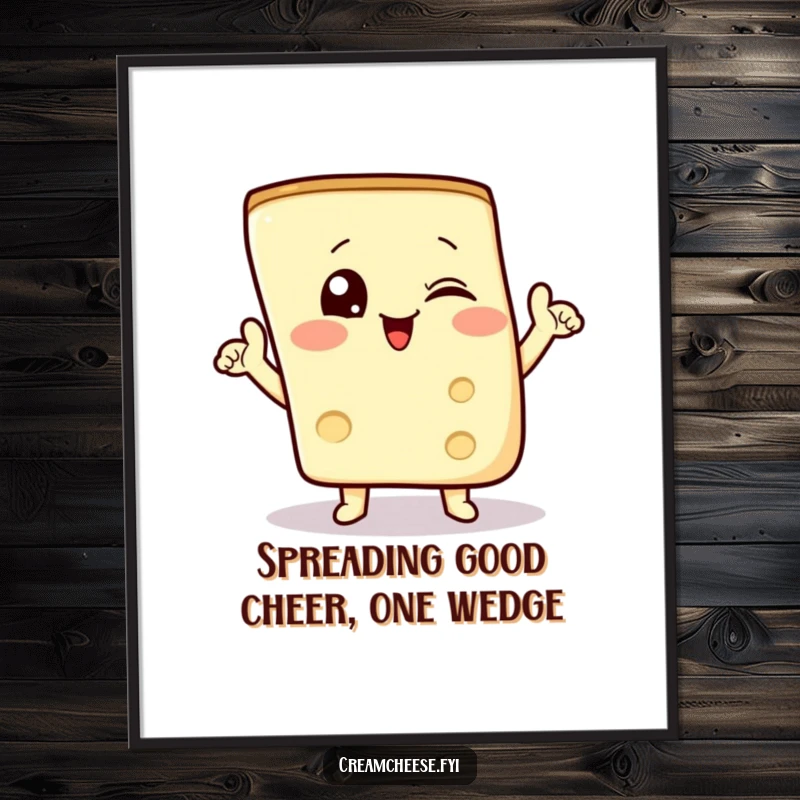 Funny Free Printable Wall Art: Winking cream cheese wedge striking a triumphant pose, a bold declaration of fun.