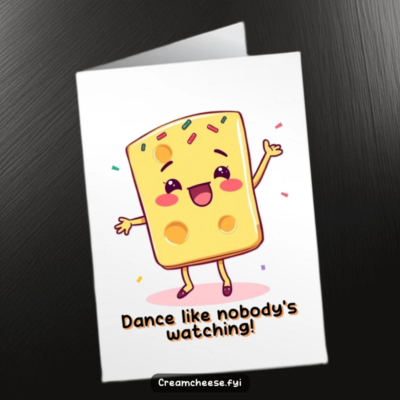 Funny Free Printable Birthday Card of a happy cheese slice doing a joyful dance, showered with sprinkles.