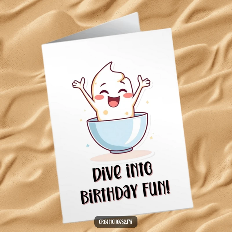 Funny Free Printable Birthday Card: Delighted cream cheese character enthusiastically leaping into a mixing bowl.