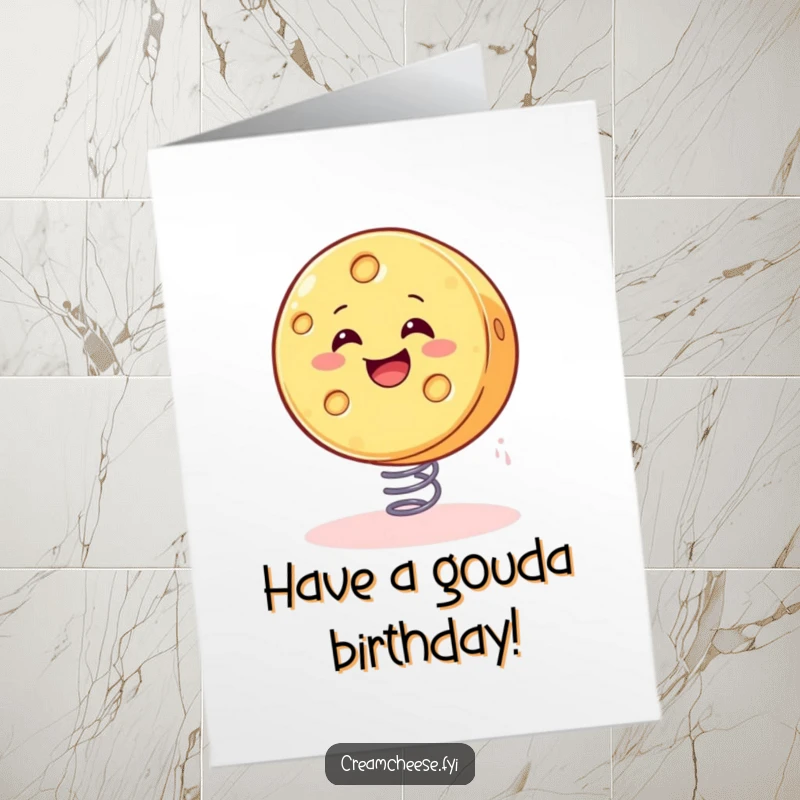 Funny Free Printable Birthday Card: A smiling wheel of cheese bouncing gleefully, a unique and humorous downloadable gift.