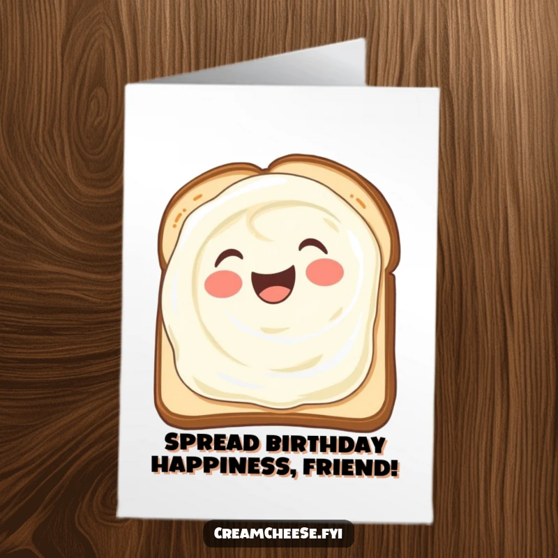 Funny Free Printable Birthday Card showing a delighted cream cheese smear spreading joyfully across toast.