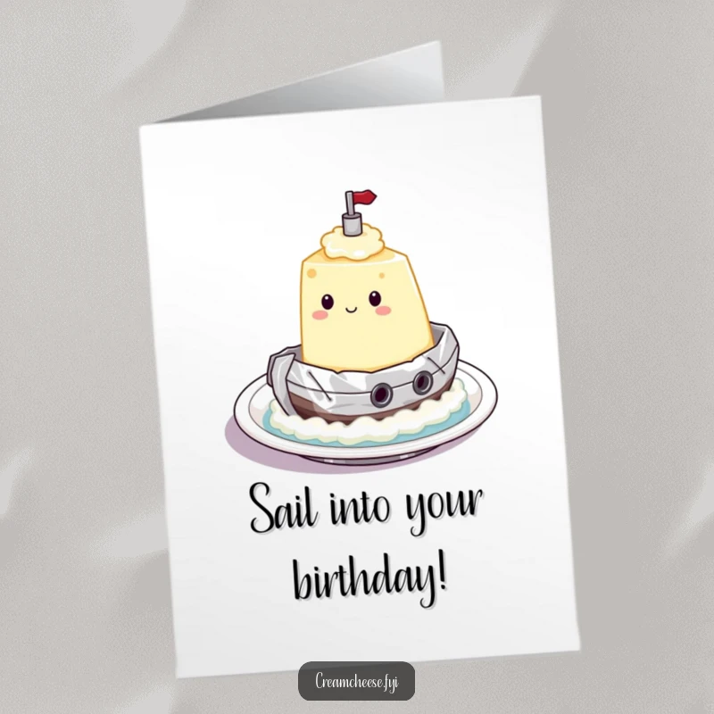 Funny Free Printable Birthday Card showing a cream cheese character piloting a foil tugboat across a plate, ready for adventure.