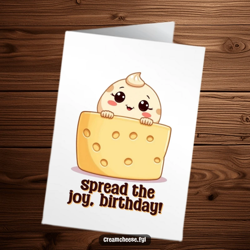 Funny Free Printable Birthday Card: Curious cream cheese character peeking playfully over a cheese board edge, ready to party.
