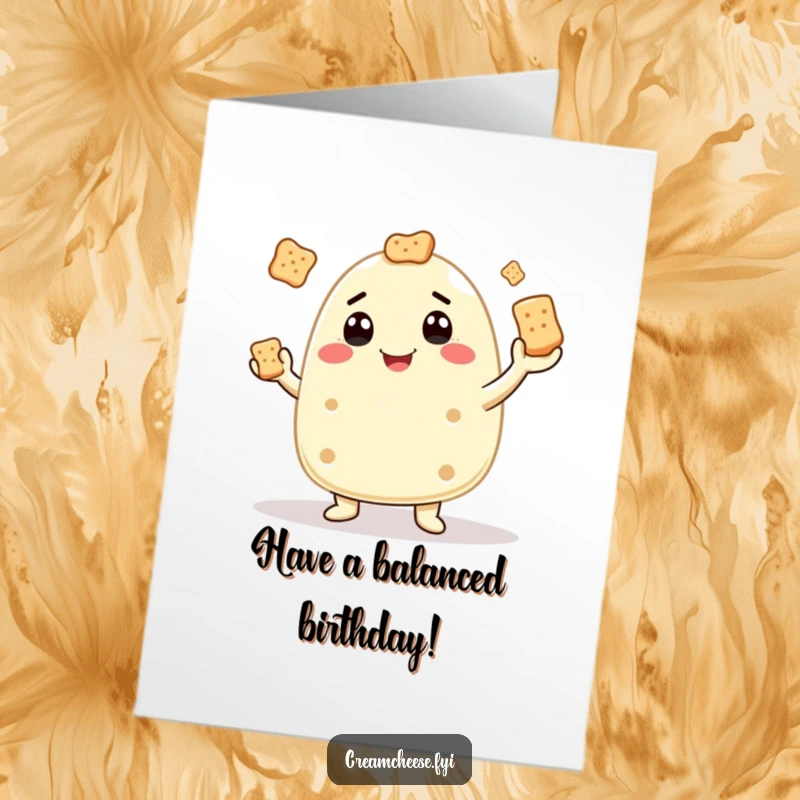 Funny Free Printable Birthday Card: Goofy cream cheese character smiling while skillfully juggling small crackers.