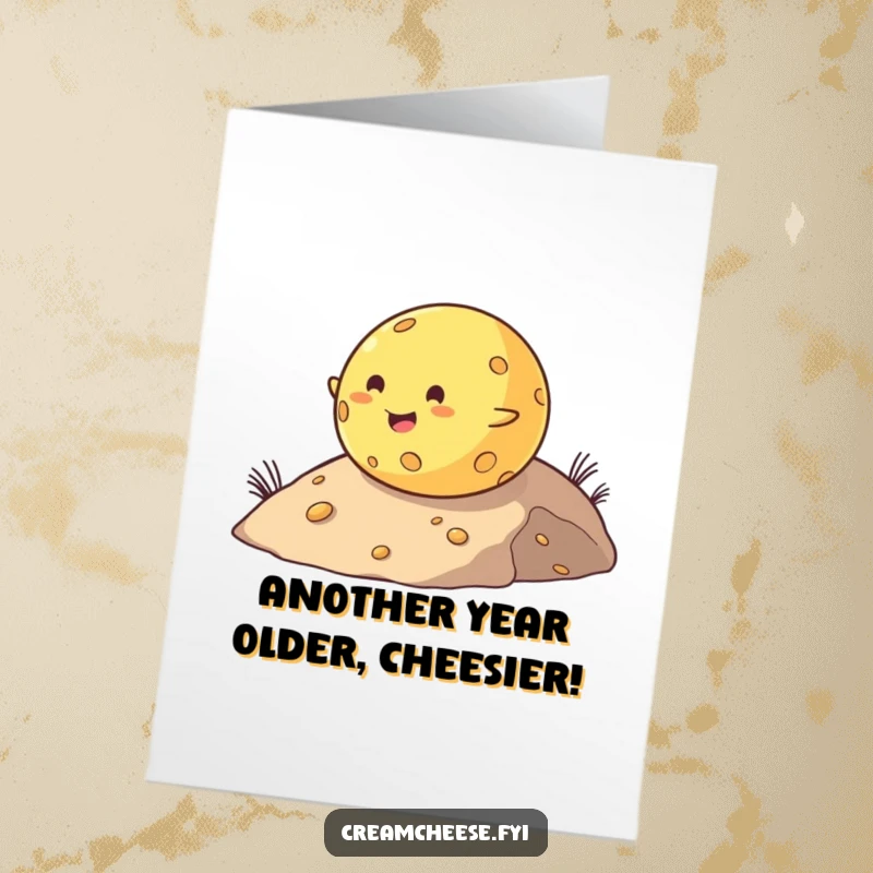 Funny Free Printable Birthday Card: Chubby cheese ball gleefully rolls down a hill, spreading birthday joy.