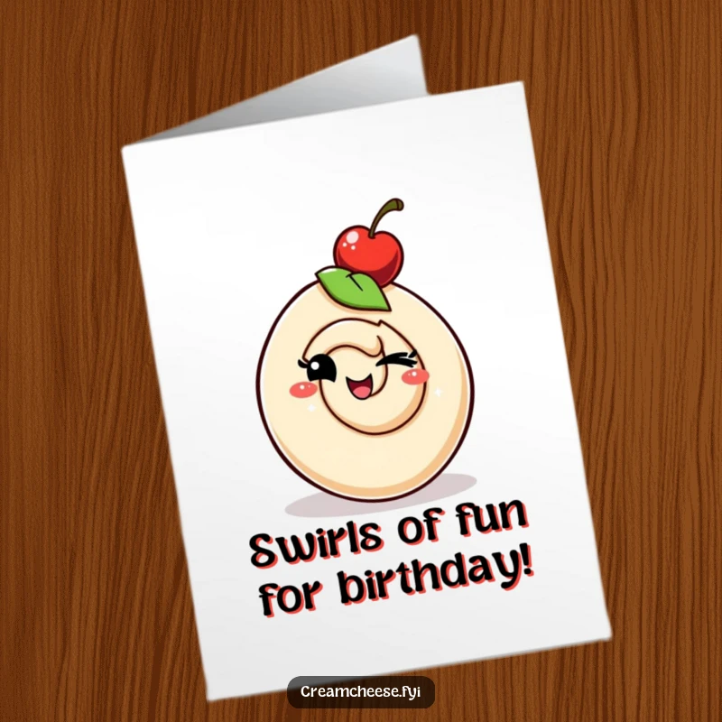 Funny Free Printable Birthday Card: Whimsical cream cheese swirl winks playfully wearing a cherry hat. A delightful downloadable birthday wish.