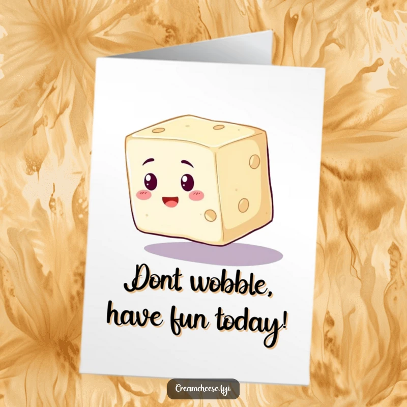 Funny Free Printable Birthday Card featuring a cream cheese cube wobbling precariously, about to spill into a birthday celebration.