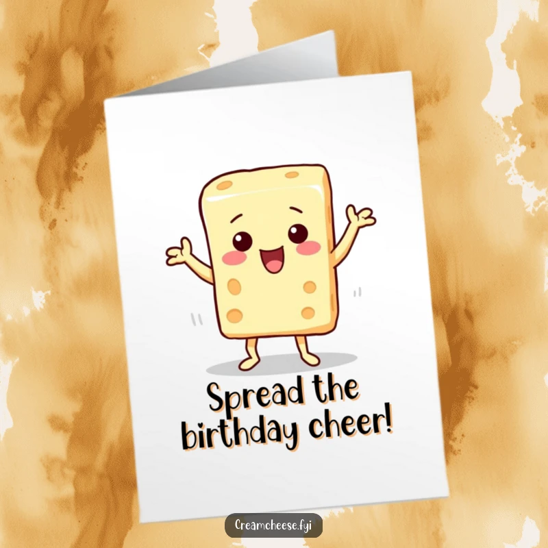 Funny free printable birthday card featuring a block of cream cheese character doing a hilarious, energetic dance.