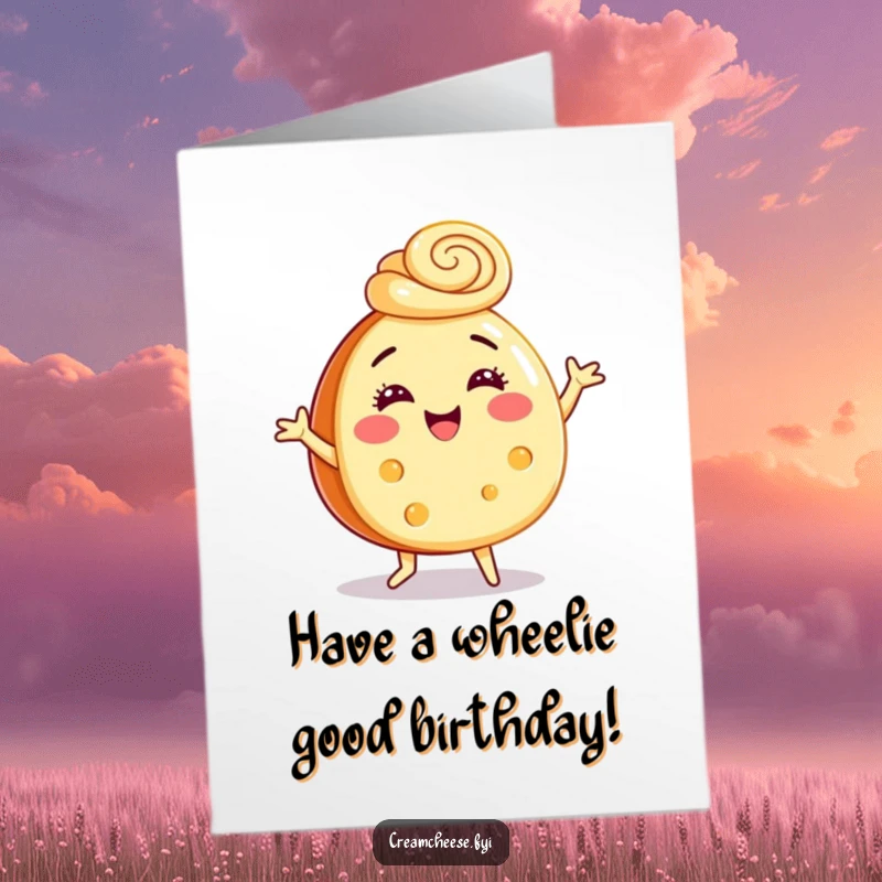 Funny Free Printable Birthday Card: Happy cream cheese wheel doing a joyful dance wearing a cinnamon swirl hat.